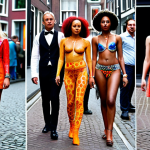 **

A vibrant street scene in the Jordaan neighborhood of Amsterdam. Focus on the diverse and colorful clothing styles of the people, highlighting individual expression through fashion. Perhaps someone wearing a striking outfit stands out from the crowd, showcasing their unique "skin" in the real world, analogous to game skins.

**