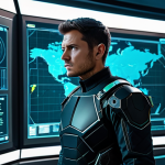 A highly focused, professional character in a sleek, futuristic combat suit, fully clothed, appropriate attire, standing in a sophisticated holographic strategy room. The character is gazing intently at a translucent display showing a tactical map with strategic points and safe zones, reflecting the complex decision-making process. The lighting is cool and analytical, highlighting the high-tech environment. Perfect anatomy, correct proportions, natural pose, well-formed hands, proper finger count, safe for work, appropriate content, modest clothing, professional photography, high quality.